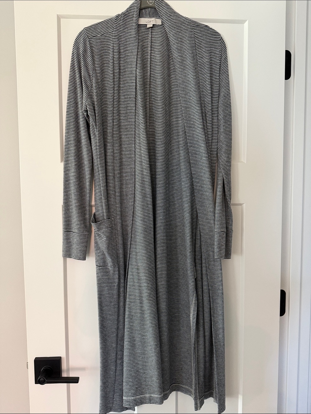 LOFT Gray & White Striped Open Cardigan
